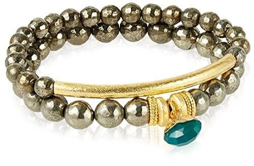 Devoted Pyrite Pave Bracelet 2 Piece Set, Gray and Gold with Green Charm Accent
