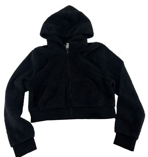 Women's Plush Cropped Hoodie Fluffy Full Zip Lined Hooded Sweatshirt  Black 2XL