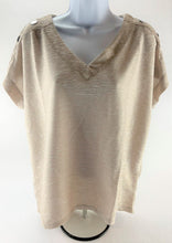 Load image into Gallery viewer, Jones New York Textured V Neck Top Khaki/Ivory Blouse with Button Sleeve Accents
