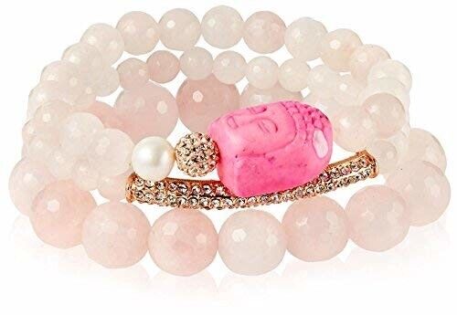 Devoted Buddha Rose Quartz Pave Bracelet Set, Light Pink