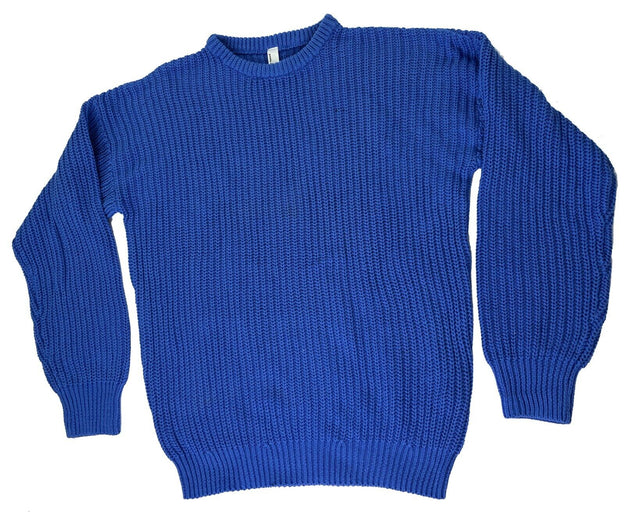 Men's Crewneck Sweater Soft Cotton Comfort Cuffed Chunk Sweater Blue - Large