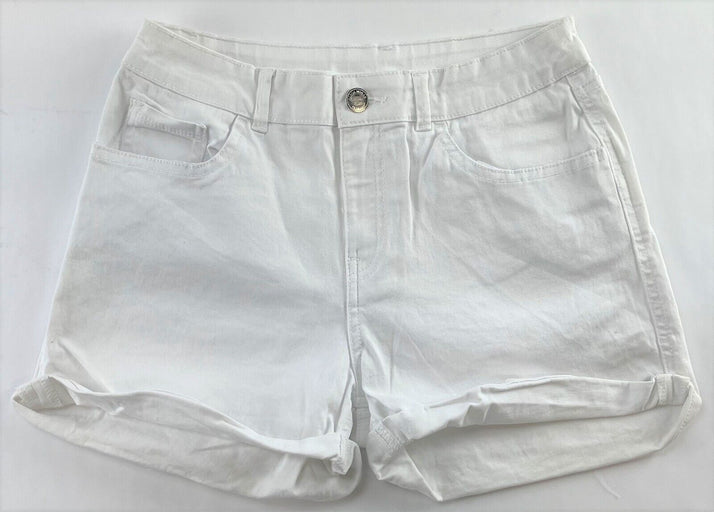 Women's Rolled Leg Shorts Dual Pockets, Button Fly Comfort Fit, White Waist 28