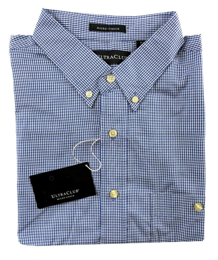 Ultra Club Men's Long Sleeve Button Shirt Blue Mini Check Poplin Multiple Sizes