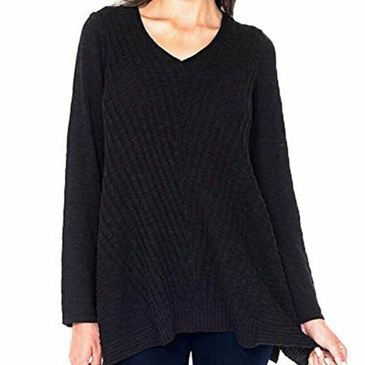 Beatrix Ost Knit Sweater Ribbed Long Sleeve V-Neck Top Flowing Sides Black Medium