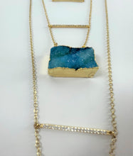 Load image into Gallery viewer, Kevia 32&quot; Layered Necklace, 2 Druzy Pendants &amp; 3 Pave Bars 18k Gold Plated
