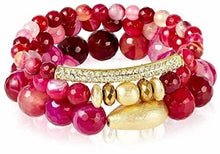 Load image into Gallery viewer, Devoted Pink Agate 3 Bracelet Set,  Light and Dark Pink Agate with Gold Accents
