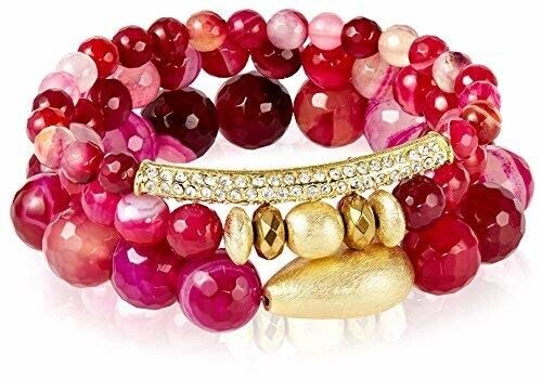 Devoted Pink Agate 3 Bracelet Set,  Light and Dark Pink Agate with Gold Accents