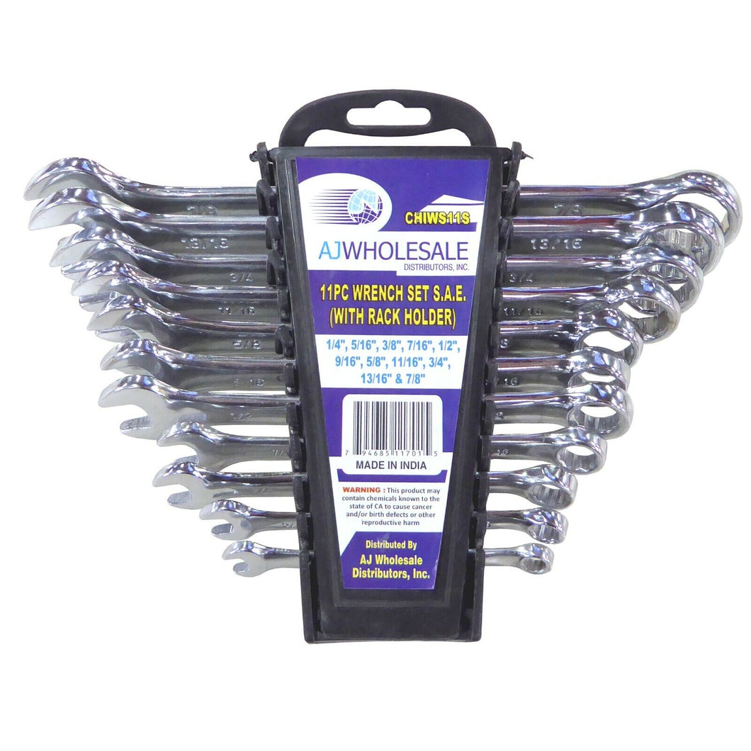 AJ Wholesale 11 Piece Wrench Set AJ Tools SAE w/ Rack Holder