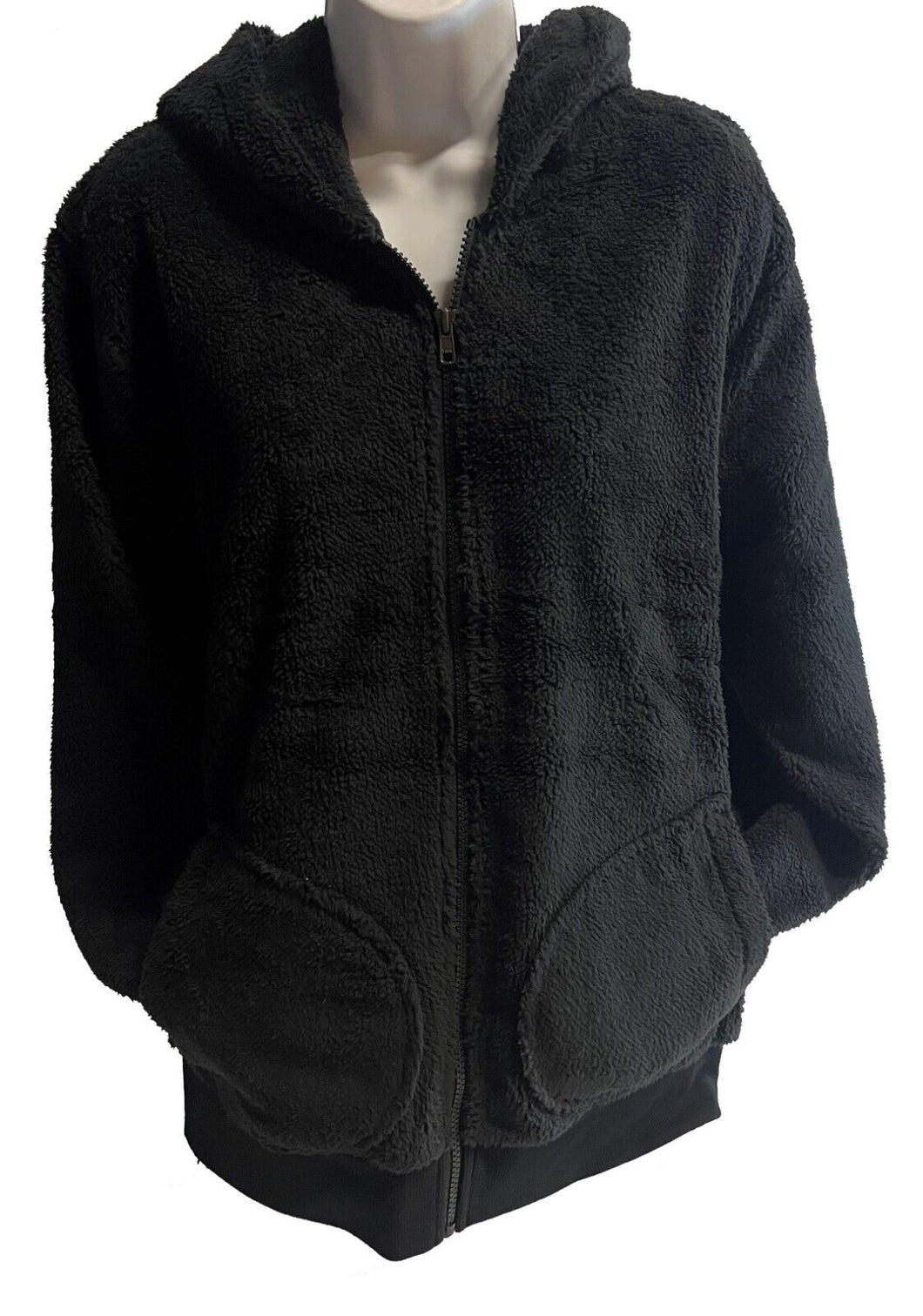 Women's Fluffy Plush Hoodie Full Zip Lined Hooded Sweatshirt w/Pockets Blk Large