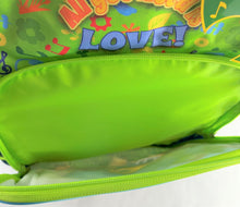 Load image into Gallery viewer, Beat Bugs 16&quot; Bookbag, All You Need is Love, Front Pocket &amp; Mesh Side Pockets
