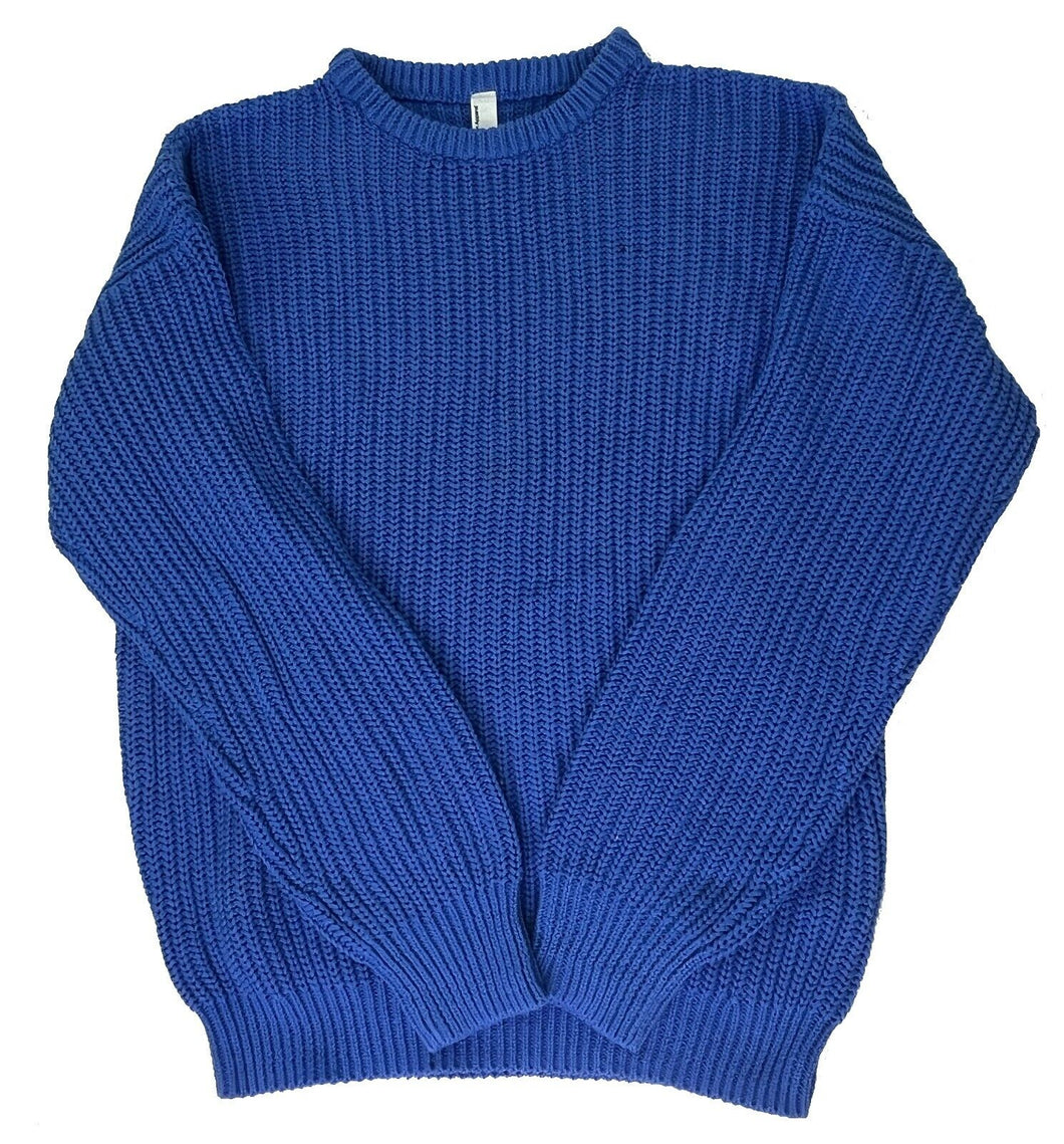 Men's Crewneck Sweater Soft Cotton Comfort Cuffed Chunk Sweater Blue - Large