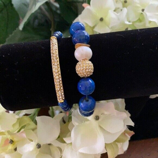 Devoted Blue Agate Pave Bracelet Set, Blue