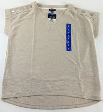 Load image into Gallery viewer, Jones New York Textured V Neck Top Khaki/Ivory Blouse with Button Sleeve Accents
