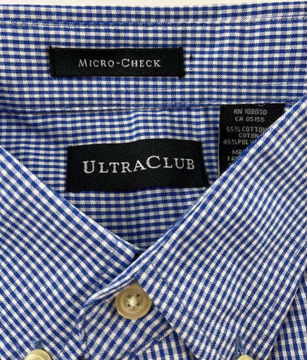 Ultra Club Men's Long Sleeve Button Shirt Blue Mini Check Poplin Multiple Sizes