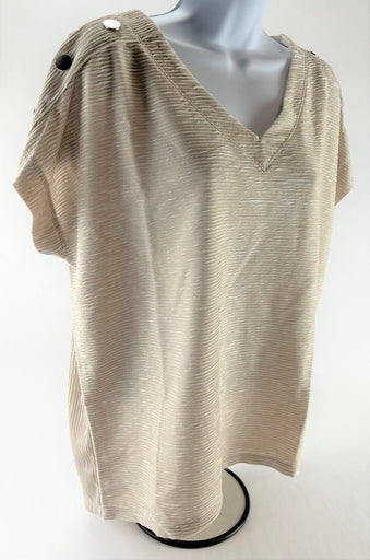 Jones New York Textured V Neck Top Khaki/Ivory Blouse with Button Sleeve Accents