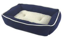 Load image into Gallery viewer, Plush Sherpa Lined Pet Bed with Removable Cushion, Small - Navy &amp; White - New
