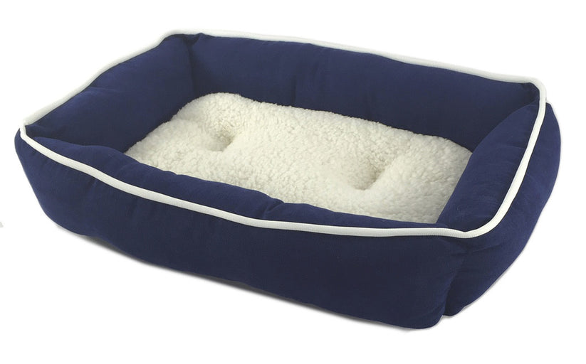 Plush Sherpa Lined Pet Bed with Removable Cushion, Small - Navy & White - New