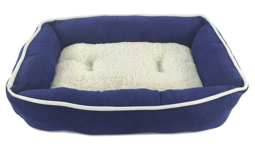 Plush Sherpa Lined Pet Bed with Removable Cushion, Small - Navy & White - New