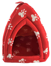 Load image into Gallery viewer, Plush Pet Bed Dog Cat Ferret House, Red Igloo White Paw Prints Cozy Pet Cottage

