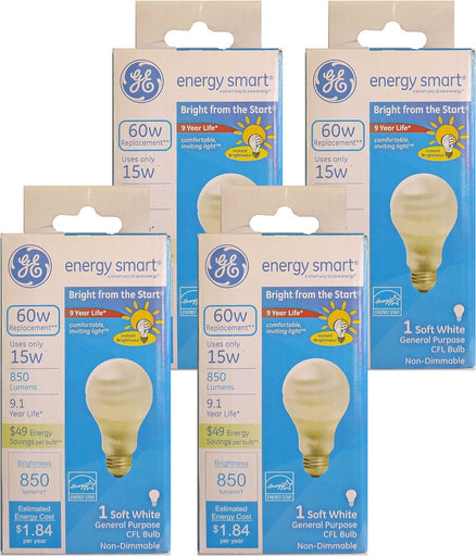 Pack of 4 GE 15W CFL Energy Smart Bulb Equivalent to 60W Soft White Color Tone A19
