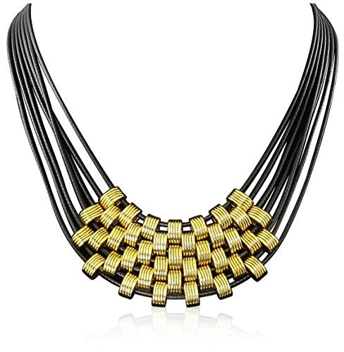 PASSIANA Passiana Black and Gold Leather Necklace, One Size