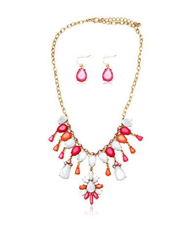 Andre F. Rose & White Floral Teardrop Necklace & Drop Earrings Set