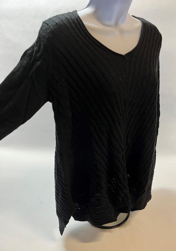 Beatrix Ost Knit Sweater Ribbed Long Sleeve V-Neck Top Flowing Sides Black Small