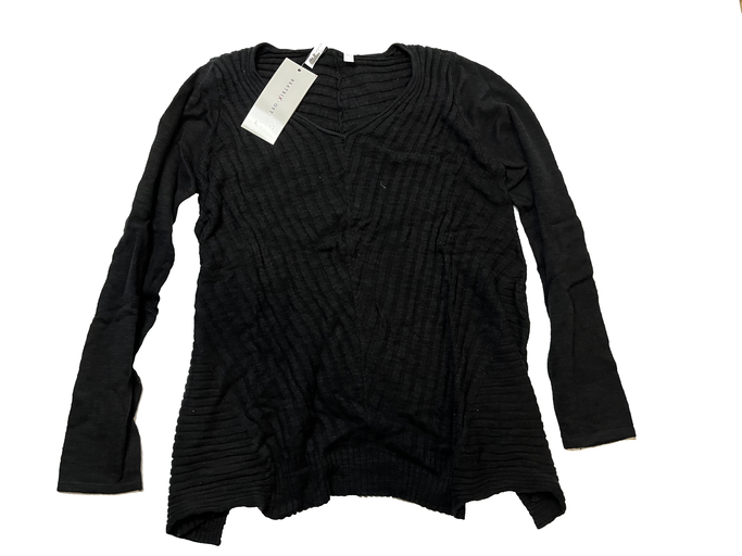 Beatrix Ost Knit Sweater Ribbed Long Sleeve V-Neck Top Flowing Sides Black Small