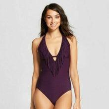 Load image into Gallery viewer, Women&#39;s Fringe Halter One Piece Swimsuit - Mossimo™ Chocolate Cherry M
