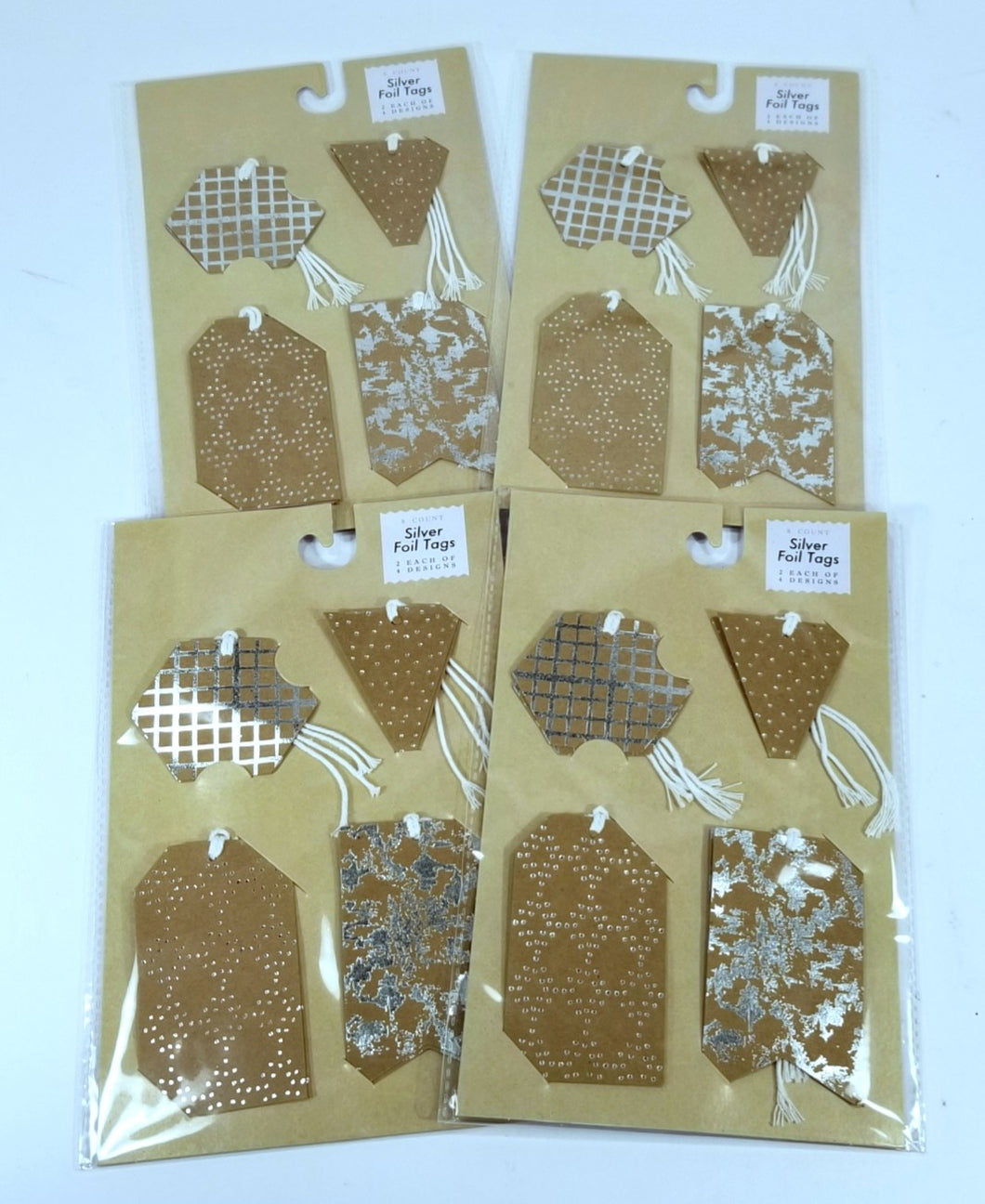4 Packs of 8 Count - Silver Foil Gift Tags, 2 Each of 4 Designs