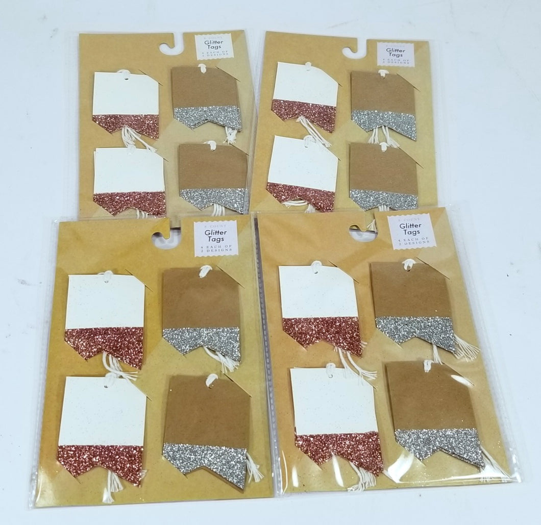 4 Packs of 8 Count - Glitter Tags, Each Pack has 4 Each of 2 Designs