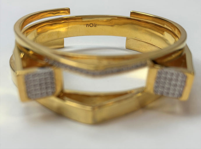 nOir Modernist Open Cuff Set,14k Gold-Plated Brass, Cubic Zirconia, 3 Bracelets