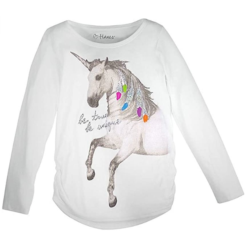 Girls' Long Sleeve Tee Synched Sides Be True Be Unique Glitter Unicorn - 6/6x