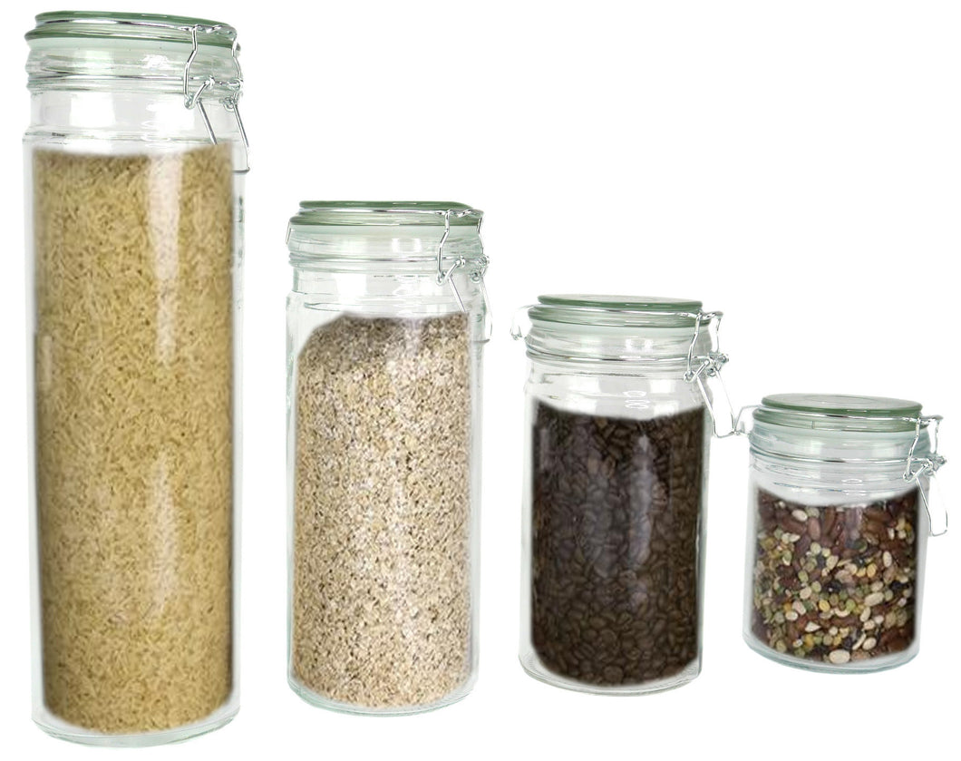 Coordinating Glass Storage Jars with Silicone Sealing Hinged Lids, 4 Sizes