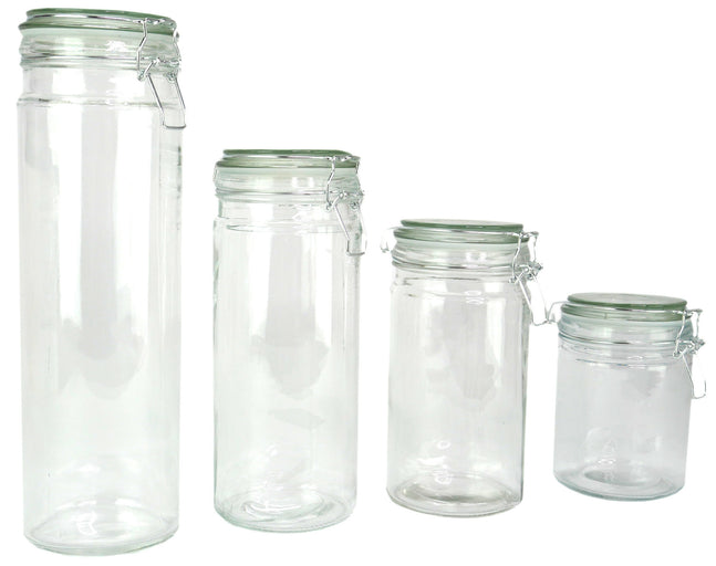 Coordinating Glass Storage Jars with Silicone Sealing Hinged Lids, 4 Sizes