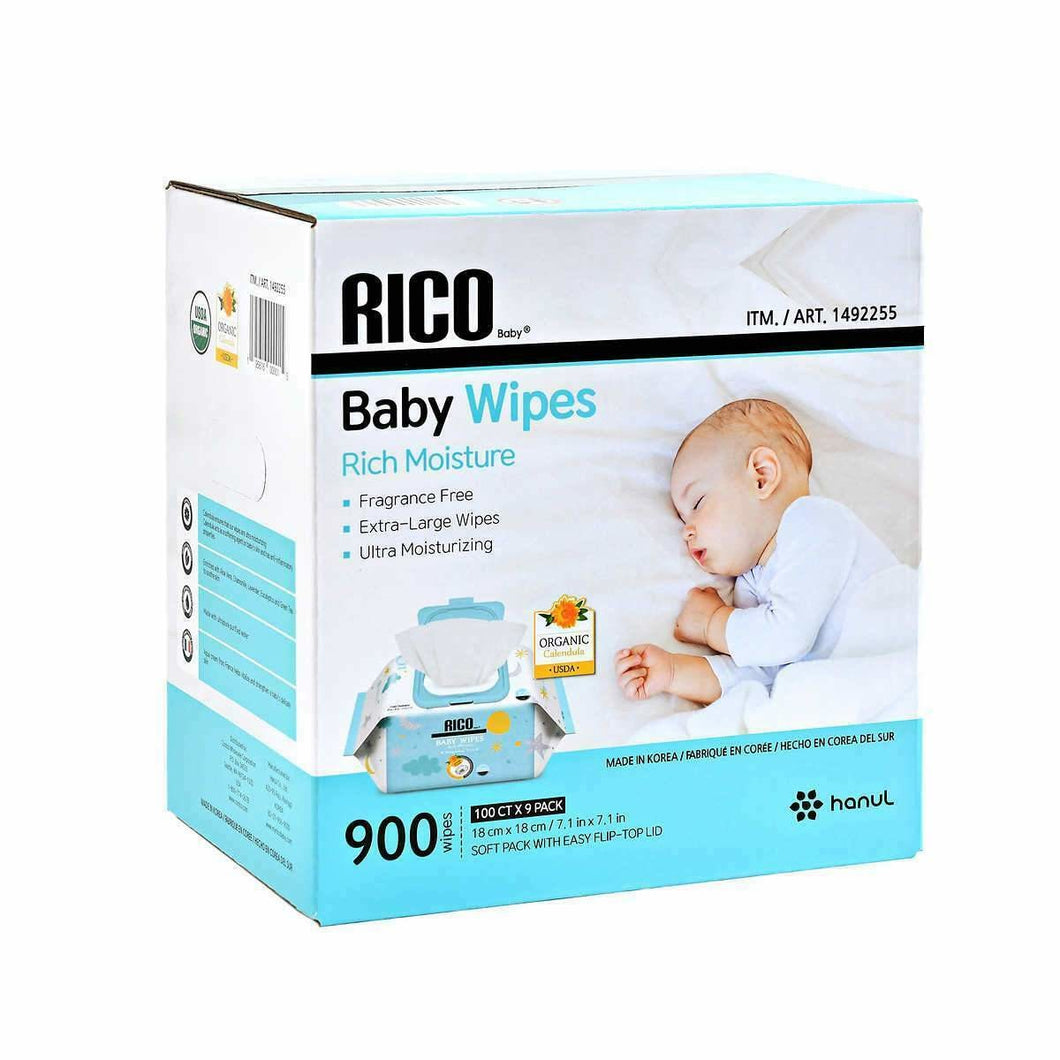 RICO Baby Wipes 900 Count, Fragrance Free, Extra Large, Moisturizing 9x100 pack