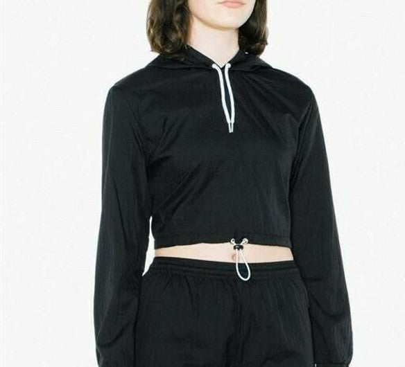 Women's Hooded Cropped Pullover Windbreaker Nylon Short Crop Hoodie Black XL
